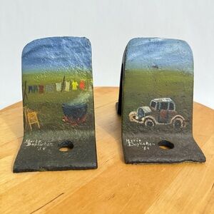 Vintage Handpainted Upcycled Heavy Metal Bracket, Bookends/ Door Stopper Signed